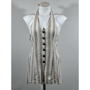 Womens Striped Romper Ivory Tan Halter Button Front Lined Size M